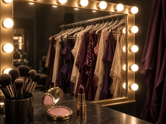 A backstage vanity mirror ringed with bulbs, makeup brushes and a lipstick on the counter
