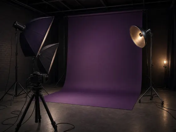 An empty photo studio with a plum backdrop, softboxes and a camera on a tripod